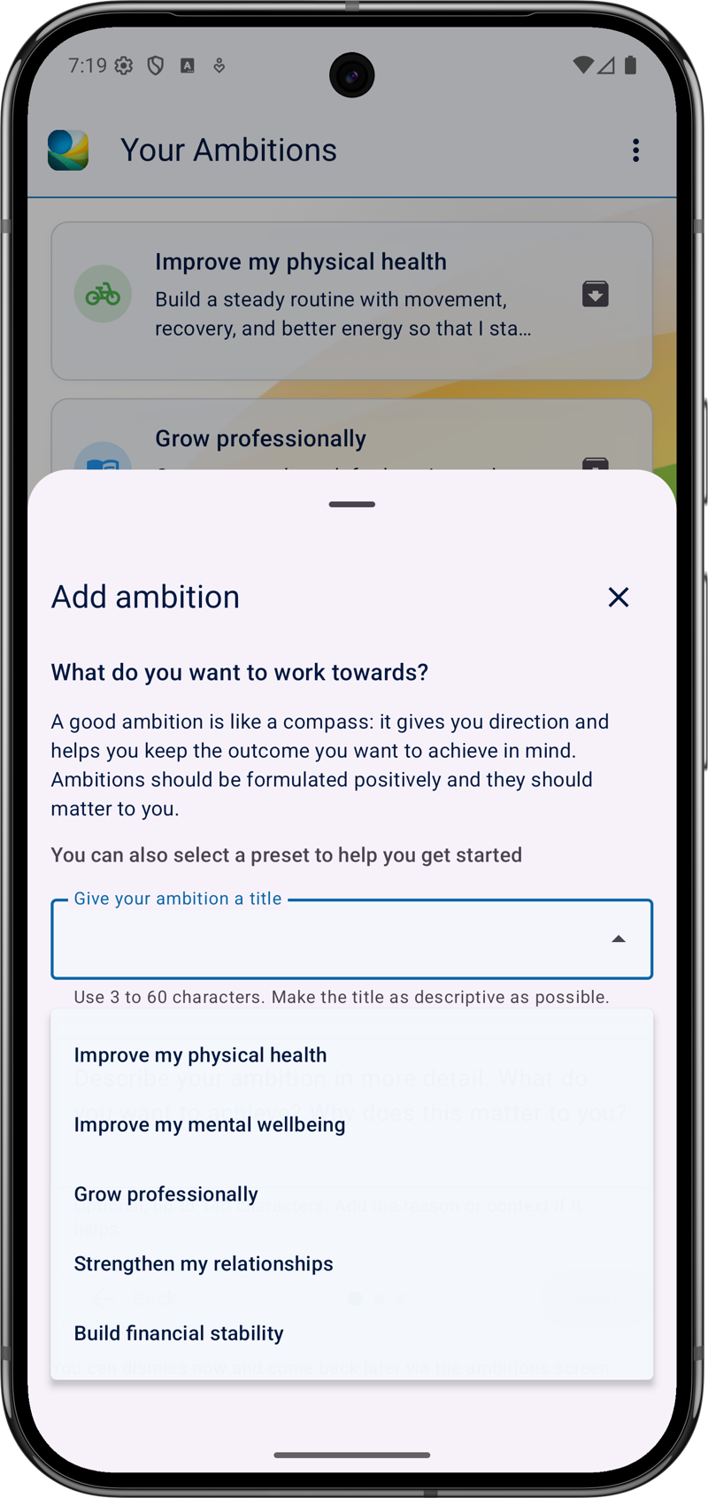The Add Ambition wizard, showing a dropdown with preset ambitions to choose from.