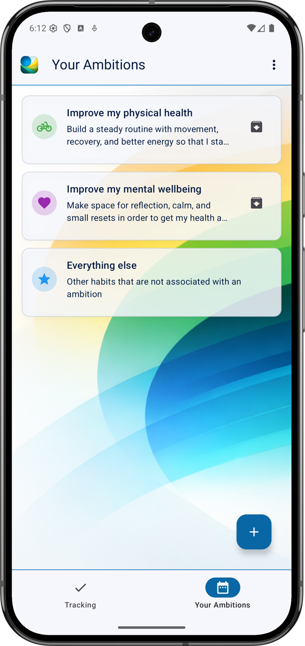 The Your Ambitions screen, showing a list of ambition cards with icons, titles and progress.