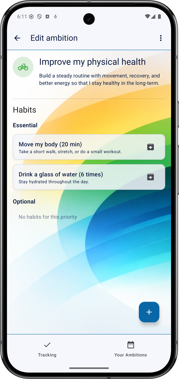 The Edit Ambition screen, with editable title and description and a list of associated habits.