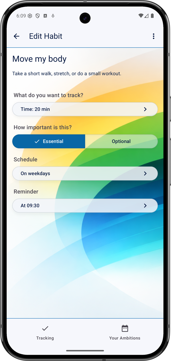 The Edit Habit screen, with options to choose a tracking type, schedule days and set an optional reminder.