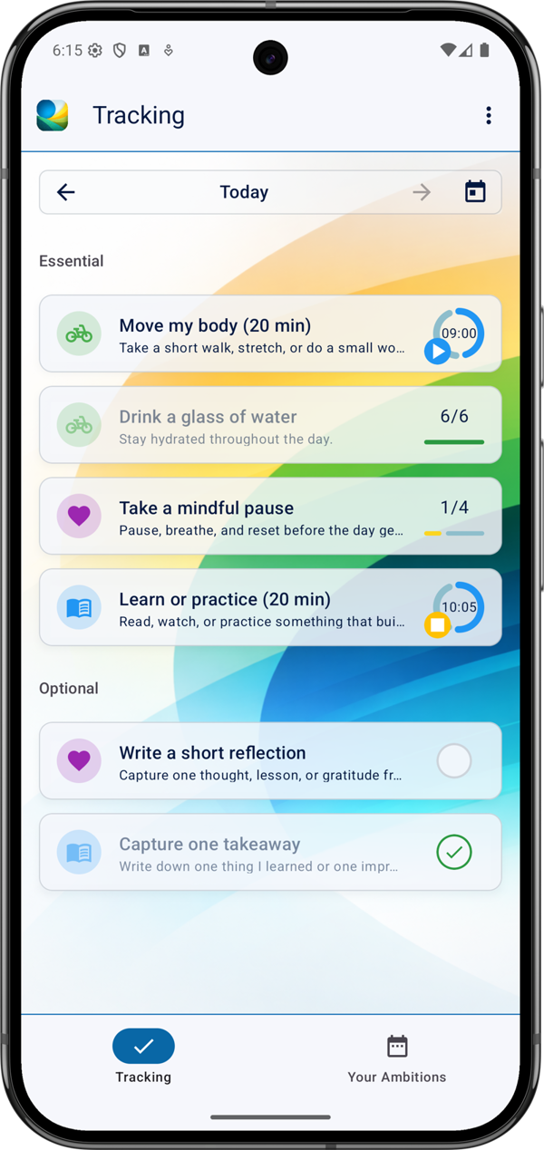 The Tracking screen, showing the day's scheduled habits as cards with completion controls on the right.